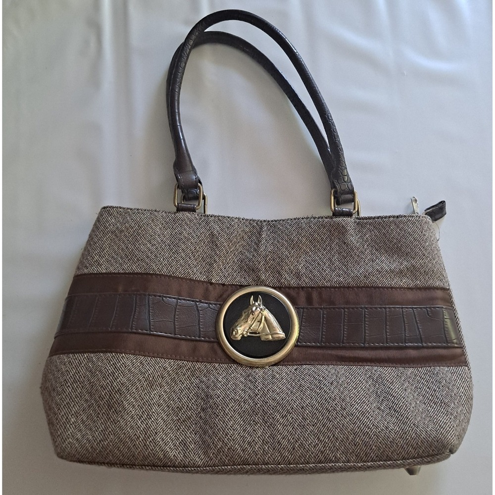Braciano Brown Herringbone Fabric Satchel Handbag With Horse Head Accent.
